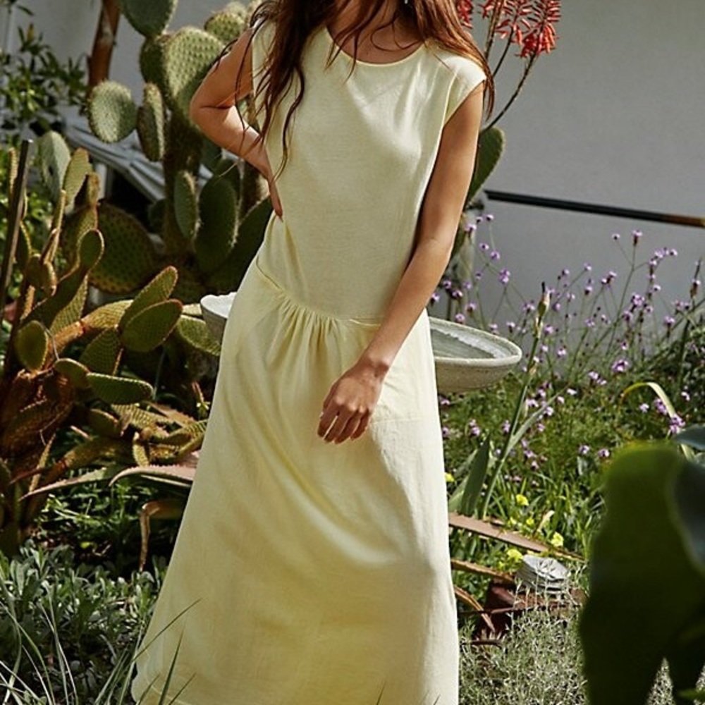 Free People Beach Dress Nikki Yellow Maxi Pockets Drop Waist Dress